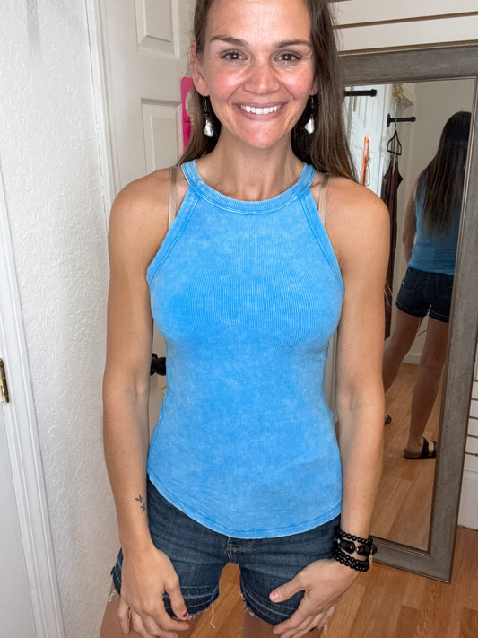 SARIAH RIBBED FITTED TANK TOP - DEEP SKY - ZENANA