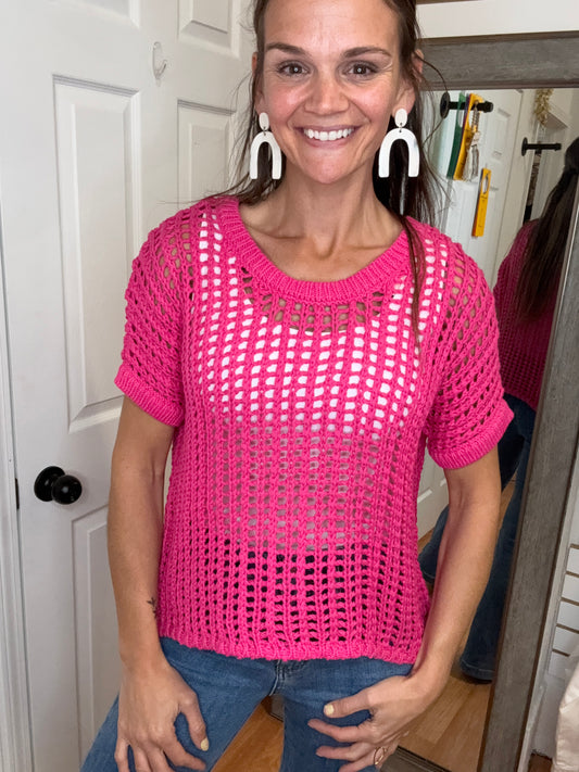 OPAL-OPEN KNIT PULLOVER TOP -PINK- ZENANA