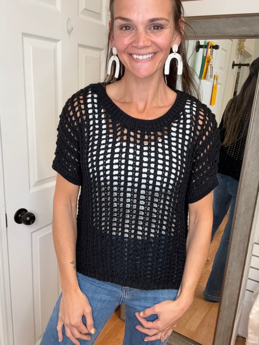 OPAL-OPEN KNIT PULLOVER TOP -BLACK- ZENANA