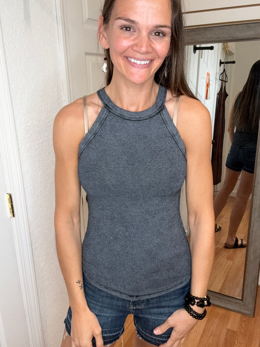 SARIAH RIBBED FITTED TANK TOP - ASH BLACK - ZENANA