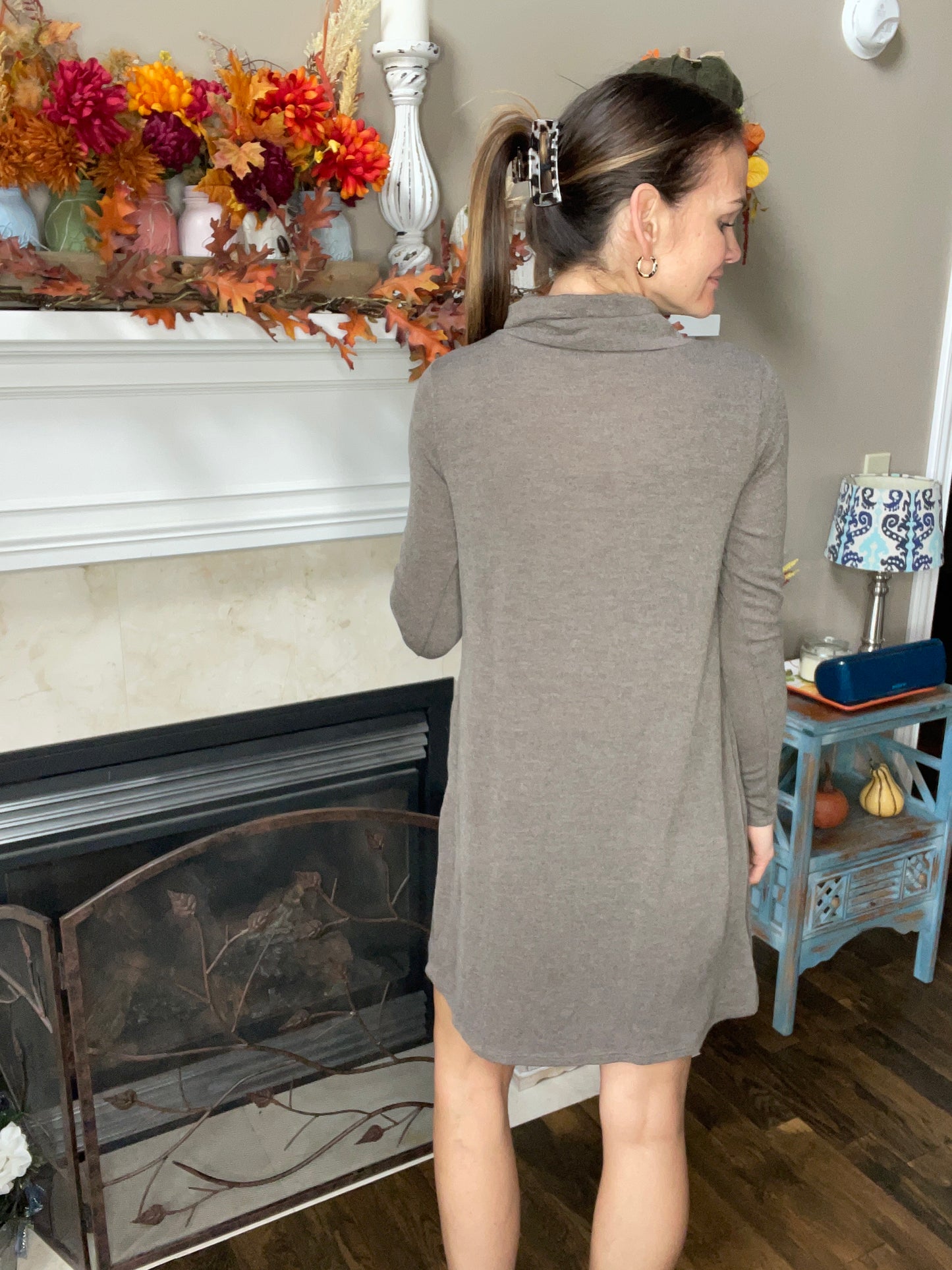 SWEATER KNIT BUTTONED COWL NECK DRESS