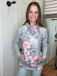 ZOEY ZIP COWL GRAY FLORAL AND STRIPE- MICHELLE MAE