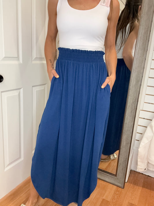 NAT SMOCKED WAIST MIDI MAXI SKIRT - NAVY -ZENANA