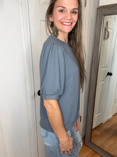 Libby Textured Half Sleeve Top Denim- Tres Bien