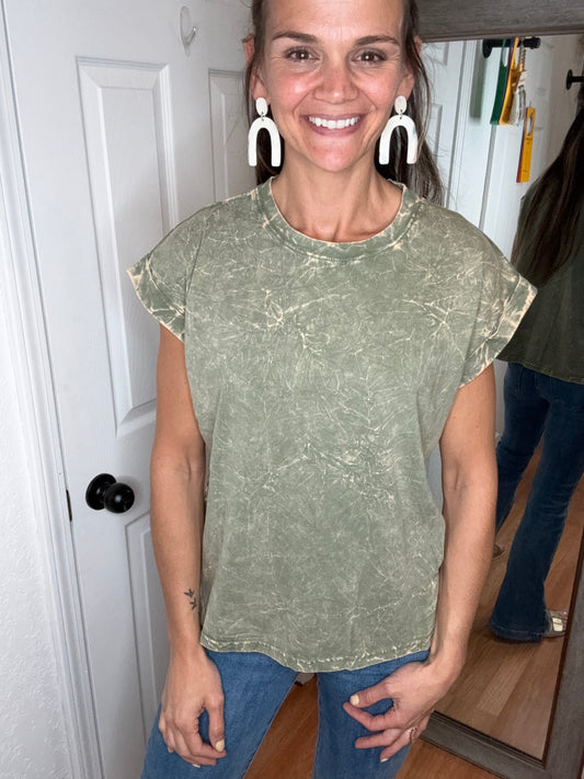 TEKI WASHED SHORT SLEEVE TOP - OLIVE - ZENANA