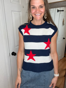 Stars and Stripes Sleeveless Knit Top- Skies Are Blue
