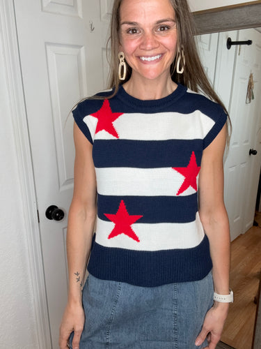 Stars and Stripes Sleeveless Knit Top- Skies Are Blue