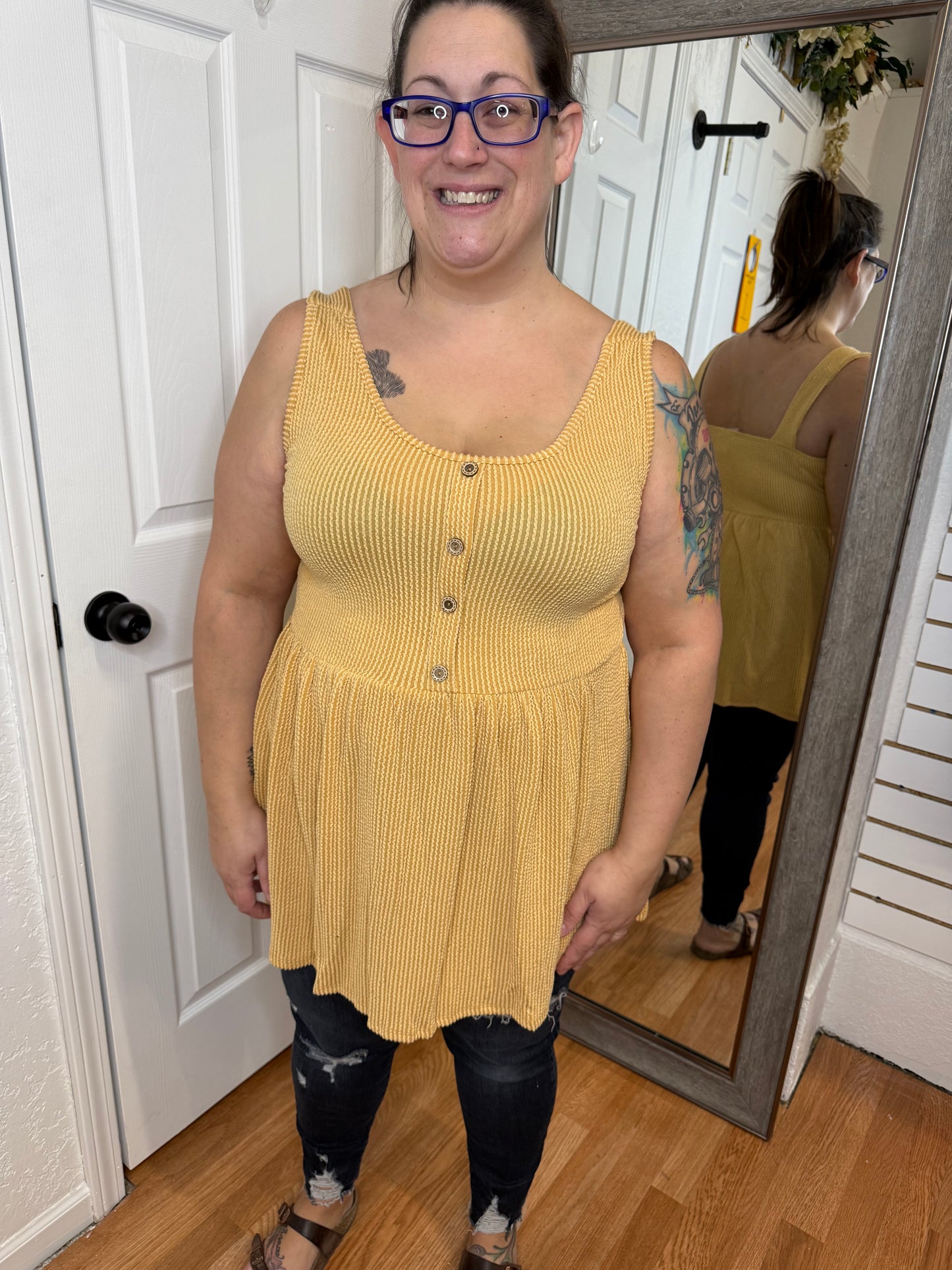 CAMDEN BABYDOLL HENLEY TANK - MUSTARD- HEIMISH