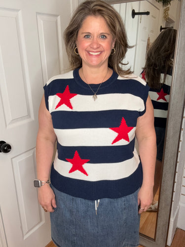 Stars and Stripes Sleeveless Knit Top- Skies Are Blue