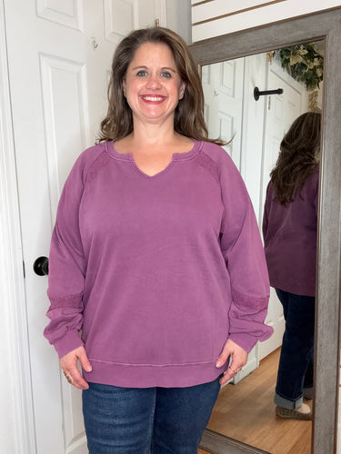 Lace Accent Vintage Wash Pullover Purple- Michelle Mae
