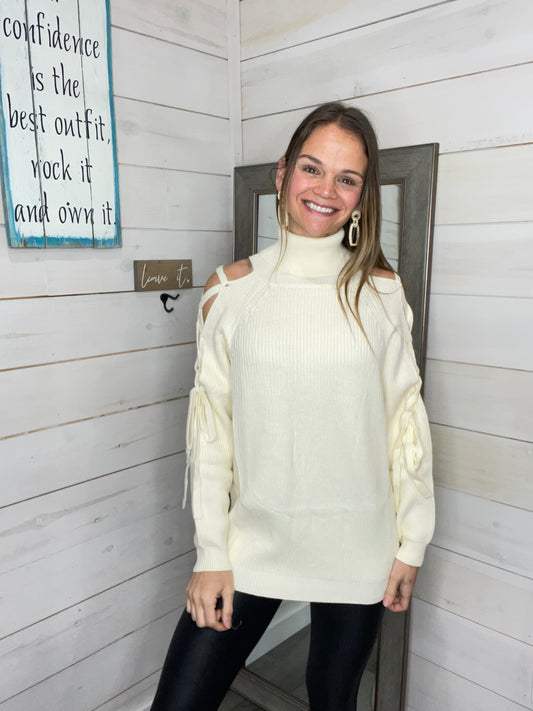 SOLID TURTLE NECK CUTOUT LONG SLEEVE SWEATER
