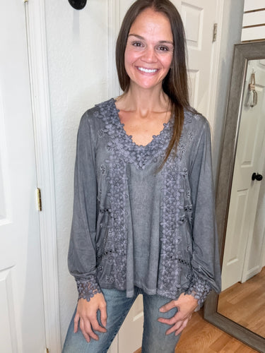 TILLIE LACE TRIMMED LONG SLEEVE TOP CHARCOAL- POL