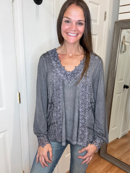 TILLIE LACE TRIMMED LONG SLEEVE TOP CHARCOAL- POL