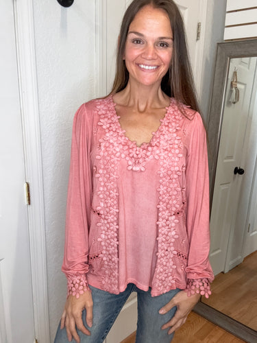 TILLIE LACE TRIMMED LONG SLEEVE TOP GUAVA - POL