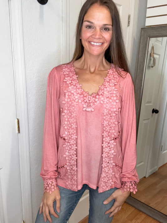 TILLIE LACE TRIMMED LONG SLEEVE TOP GUAVA - POL