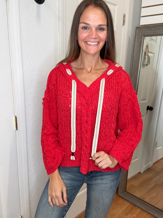 CRYSTAL CHENILLE HOODED SWEATER TOP RED- POL