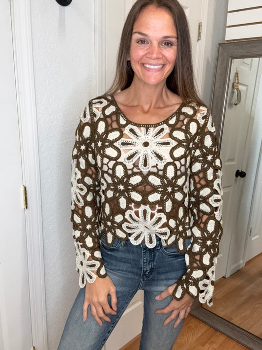 LYLA OPEN KNIT CROCHET PULLOVER TOP BROWN/CREAM - POL