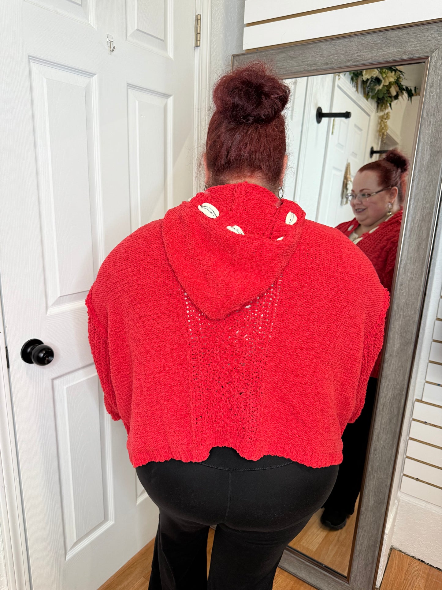 CRYSTAL CHENILLE HOODED SWEATER TOP RED- POL