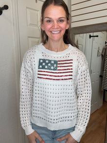 Usa Sequin Flag Open Knit Pullover Top- Michelle Mae