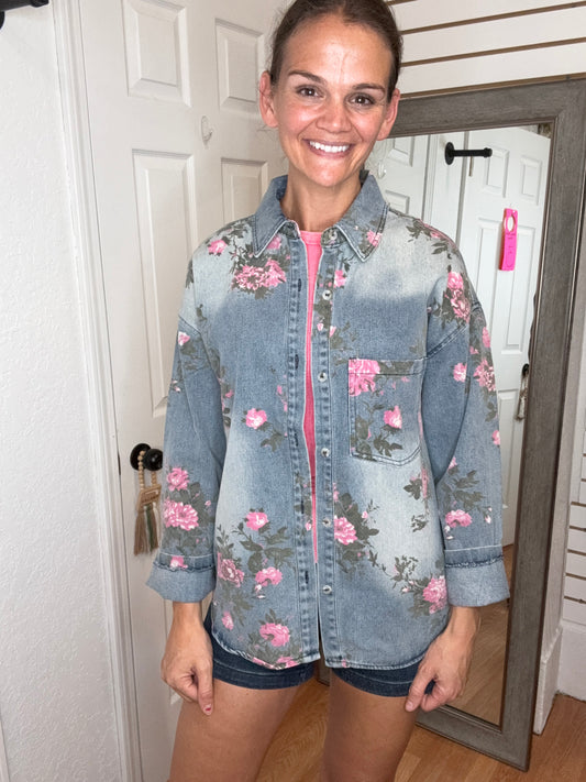 FLOWER PATCH DENIM BUTTON DOWN TOP - BIBI