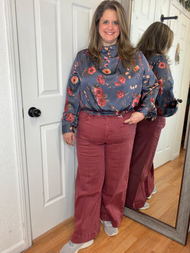 Penny Pintuck Denim Pants Merlot- Anniewear