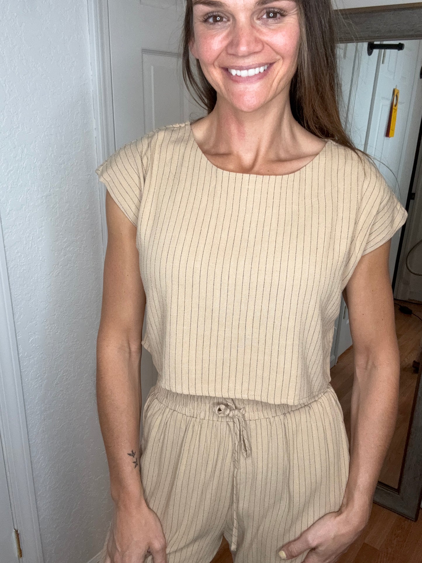 VESPER CROP TOP AND PANT SET - DARK KHAKI STRIPE -BLU PEPPER