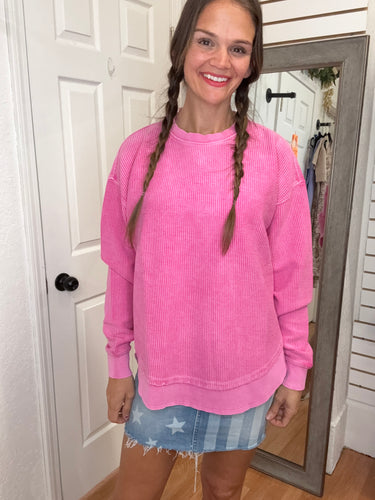 ELLIE ROUNDED BOTTOM CORDED SWEATSHIRT - DEEP PINK- MOON RYDER