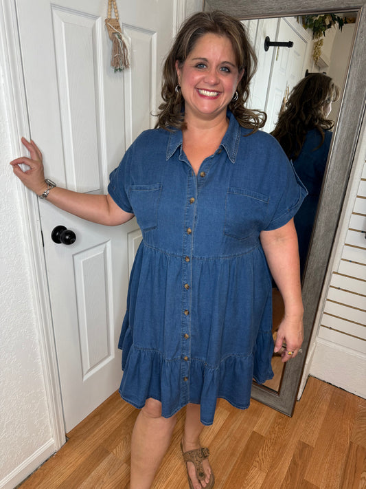 BELLA CHAMBRAY COLLARED MINI DRESS - BLU PEPPER