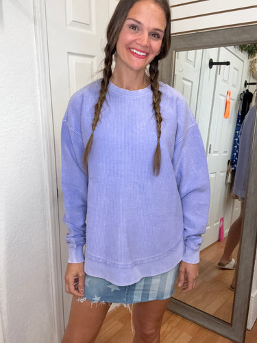 ELLIE ROUNDED BOTTOM CORDED SWEATSHIRT - PERIWINKLE- MOON RYDER