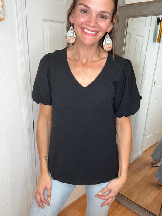 MICHELLE SHORT SLEEVE BLOUSE TOP - BLACK- MITTOSHOP