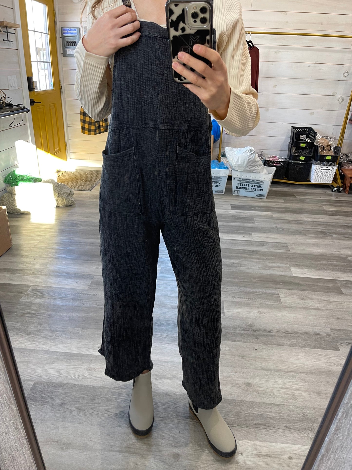 MINERAL WASHED GAUZE OVERALL WITH FRONT POCKETS