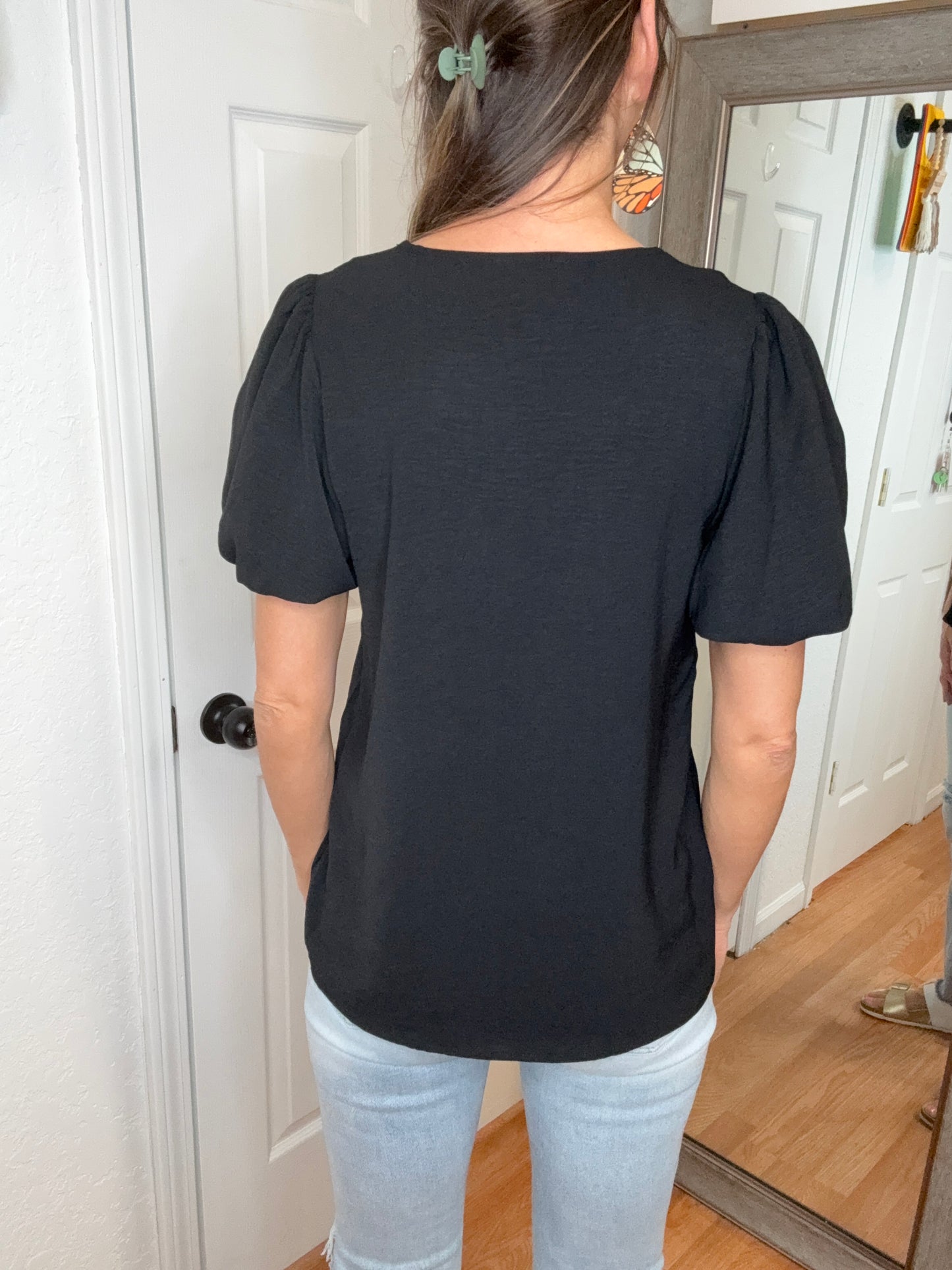 MICHELLE SHORT SLEEVE BLOUSE TOP - BLACK- MITTOSHOP