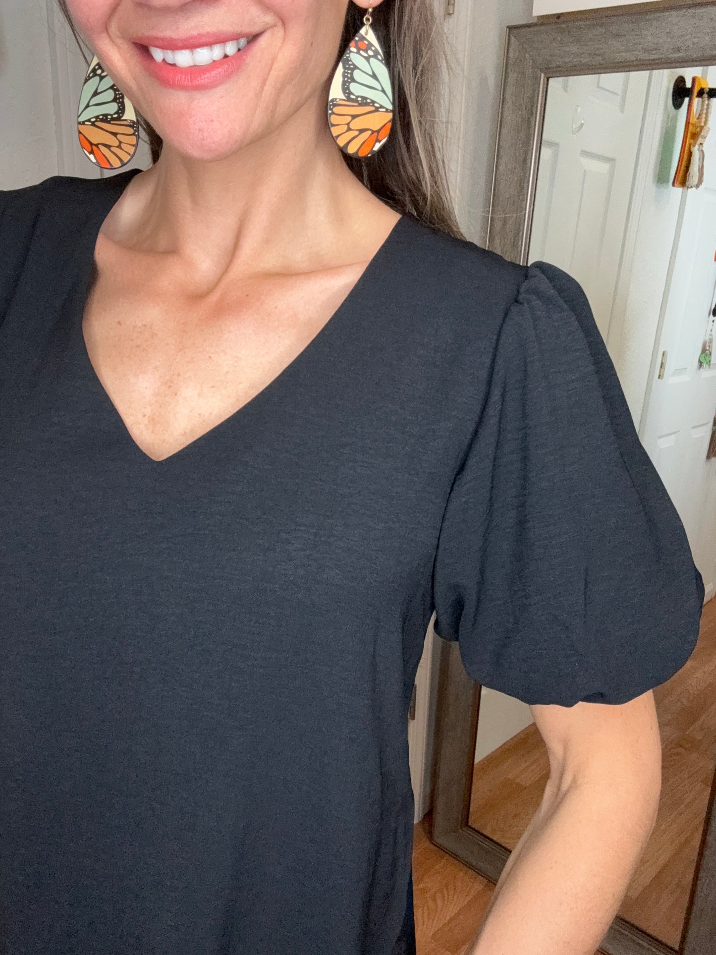 MICHELLE SHORT SLEEVE BLOUSE TOP - BLACK- MITTOSHOP