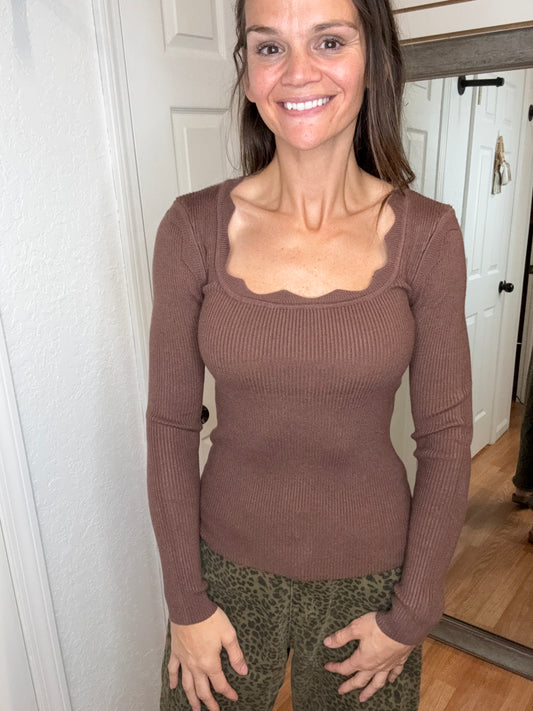 SABLE SCALLOPED LONG SLEEVE SWEATER TOP COCOA- MIKAROSE