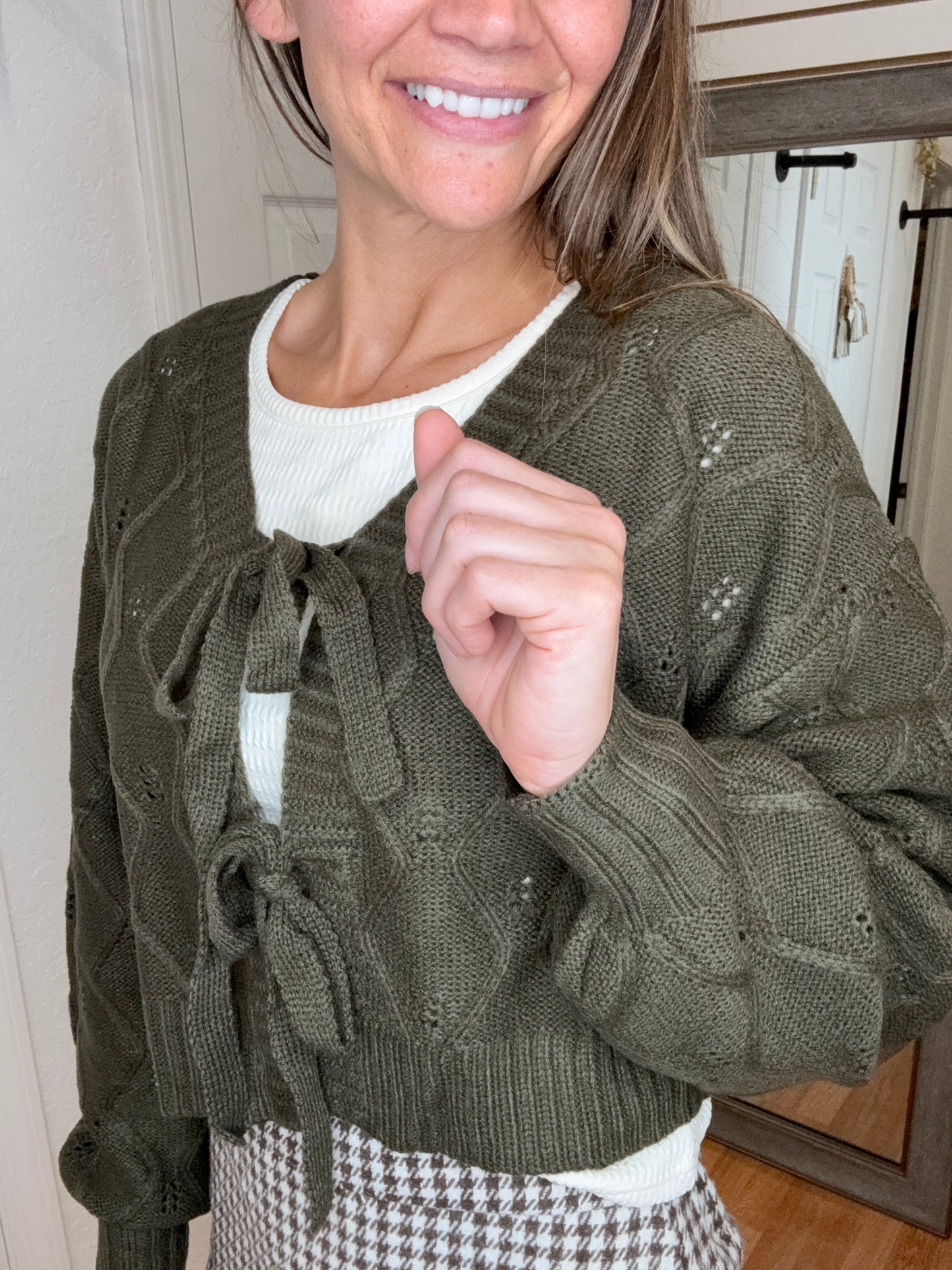 WREN TIE FRONT CARDIGAN OLIVE - MIKAROSE