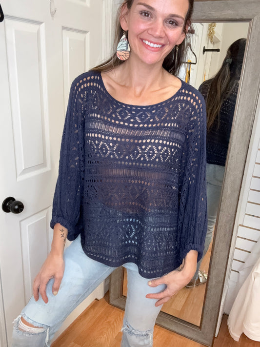 LAURA OPEN KNIT PULLOVER SWAETER TOP - NAVY - COZY CO