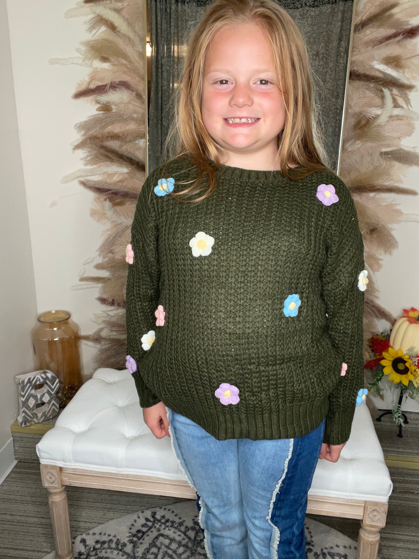 Girls Low Gauge Hand-Made Floral Crochet Sweater