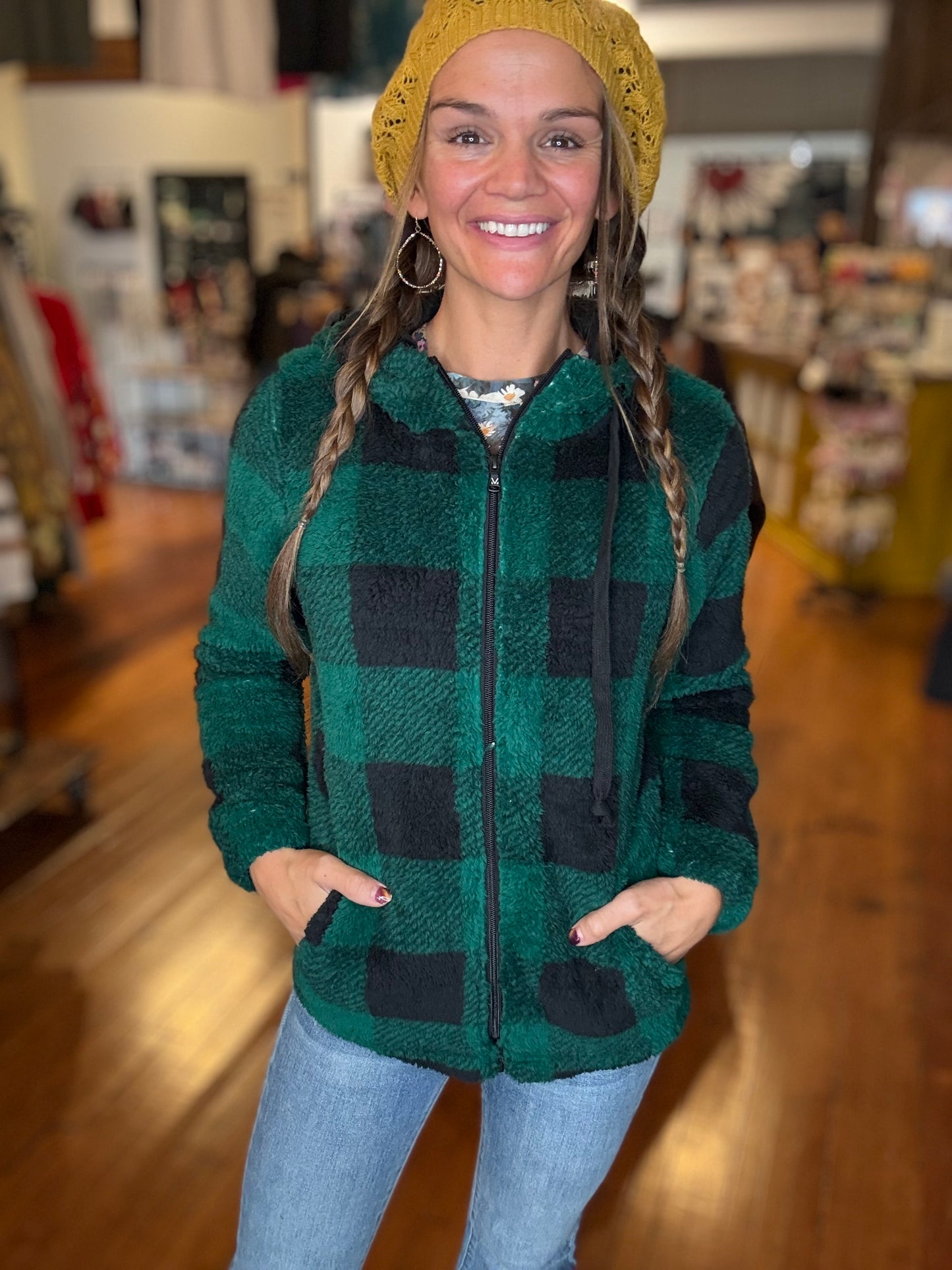 Erika - Sherpa Fullzip Hoodie - Green Plaid