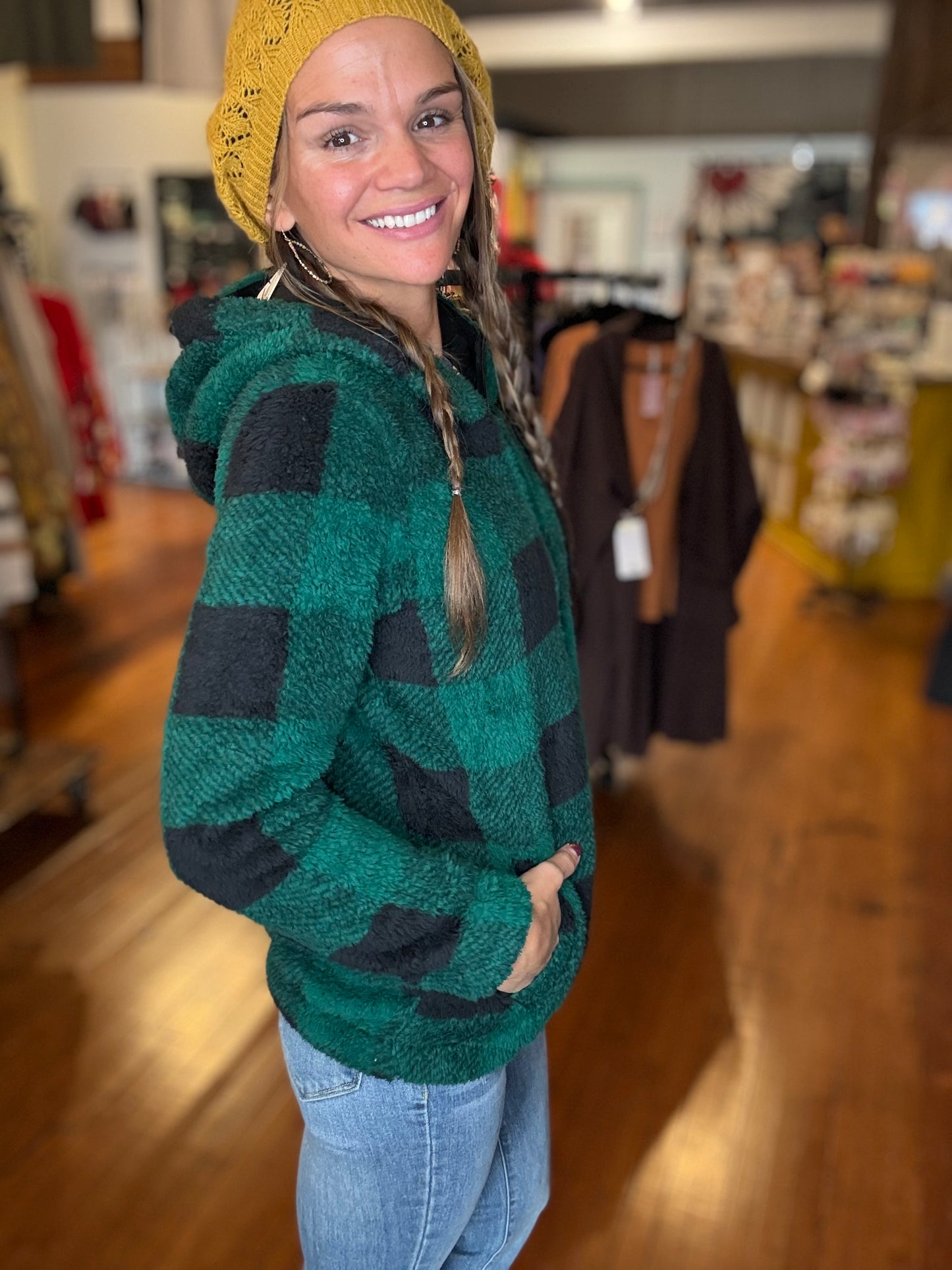 Erika - Sherpa Fullzip Hoodie - Green Plaid