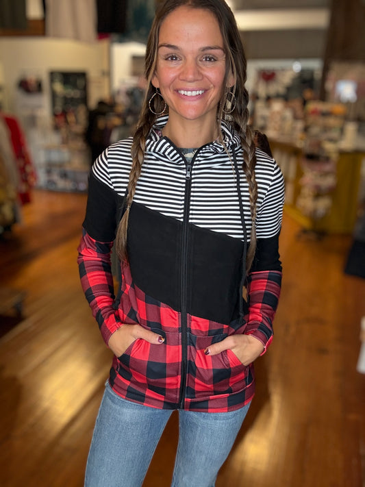 Jessa - Colorblock Fullzip - Plaid and Stripes