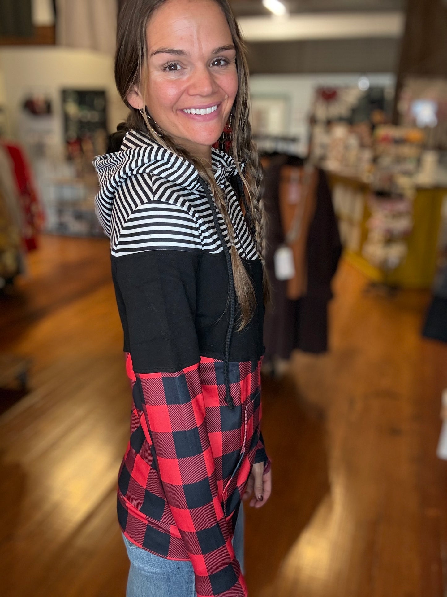 Jessa - Colorblock Fullzip - Plaid and Stripes