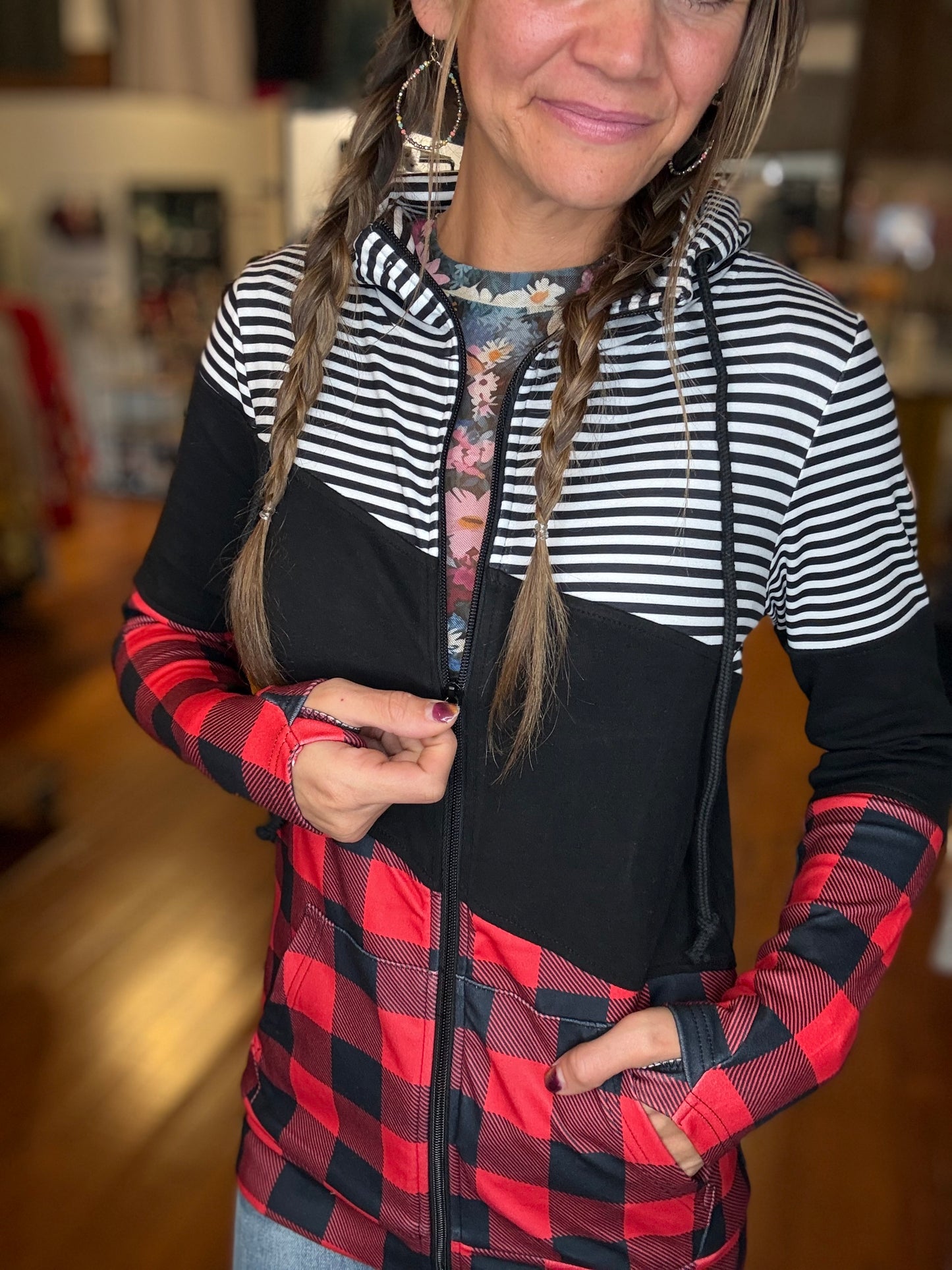 Jessa - Colorblock Fullzip - Plaid and Stripes