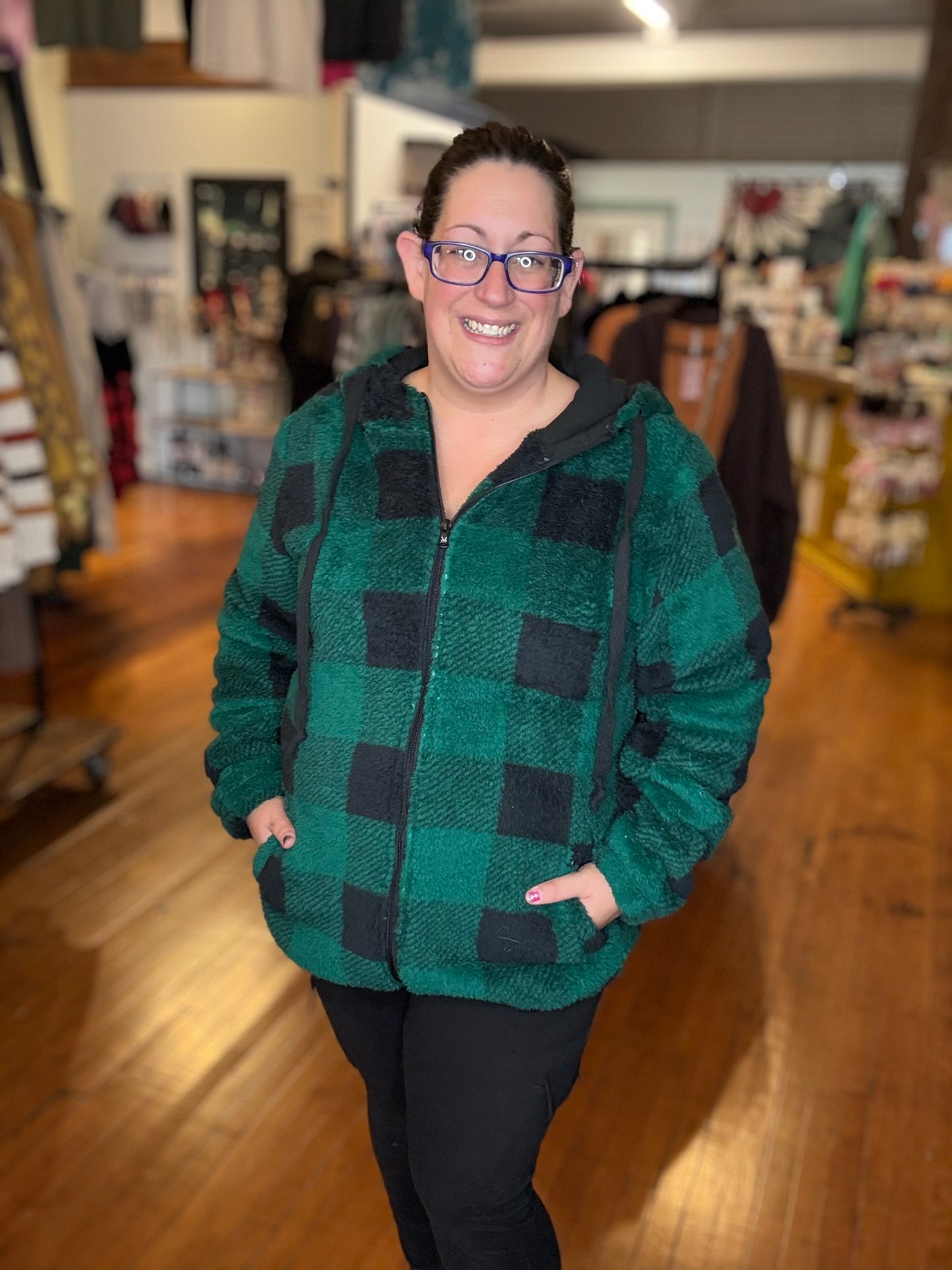 Erika - Sherpa Fullzip Hoodie - Green Plaid