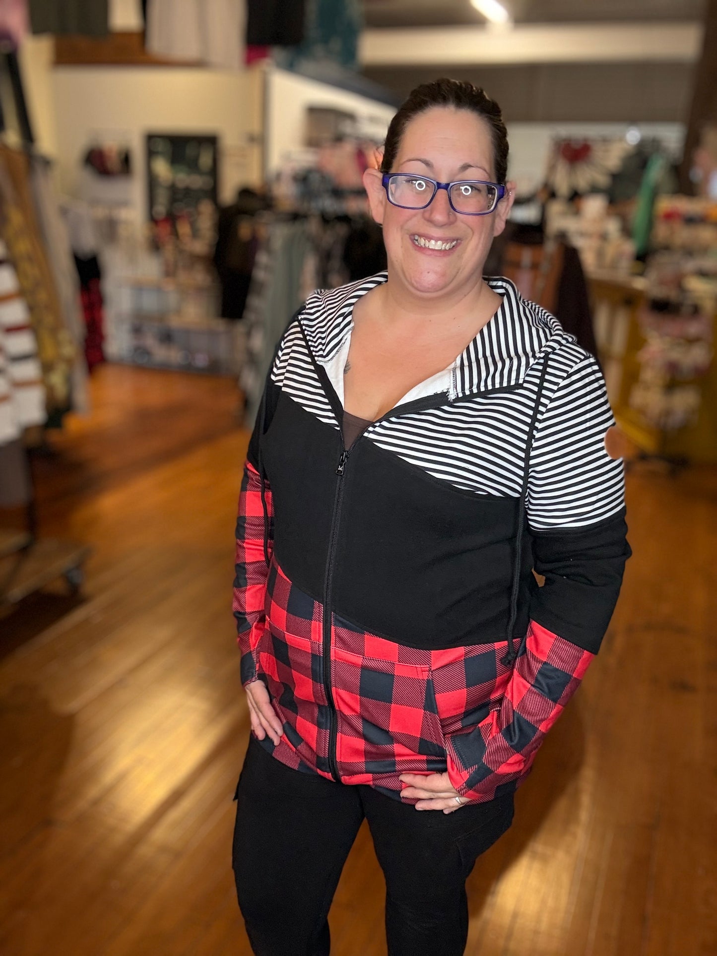 Jessa - Colorblock Fullzip - Plaid and Stripes