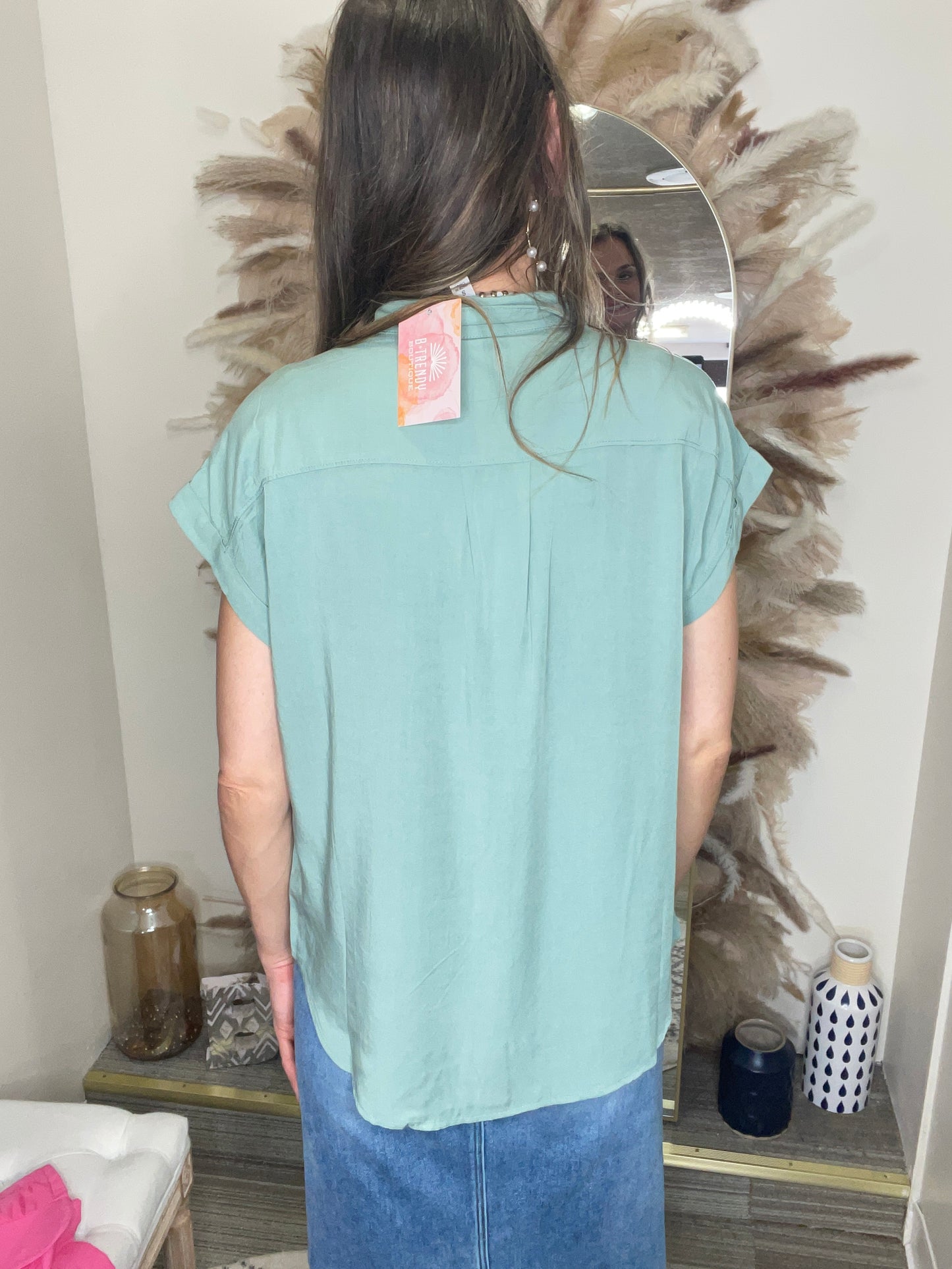 V-NECK COLLARED TOP -  DUSTY TURQUOISE