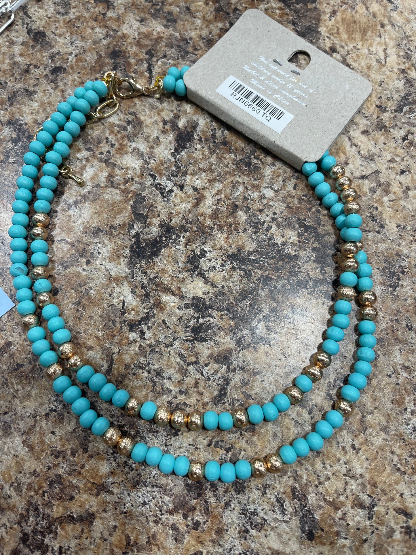 TEAL AND GOLD BEADED TWO LAYER NECKLACE