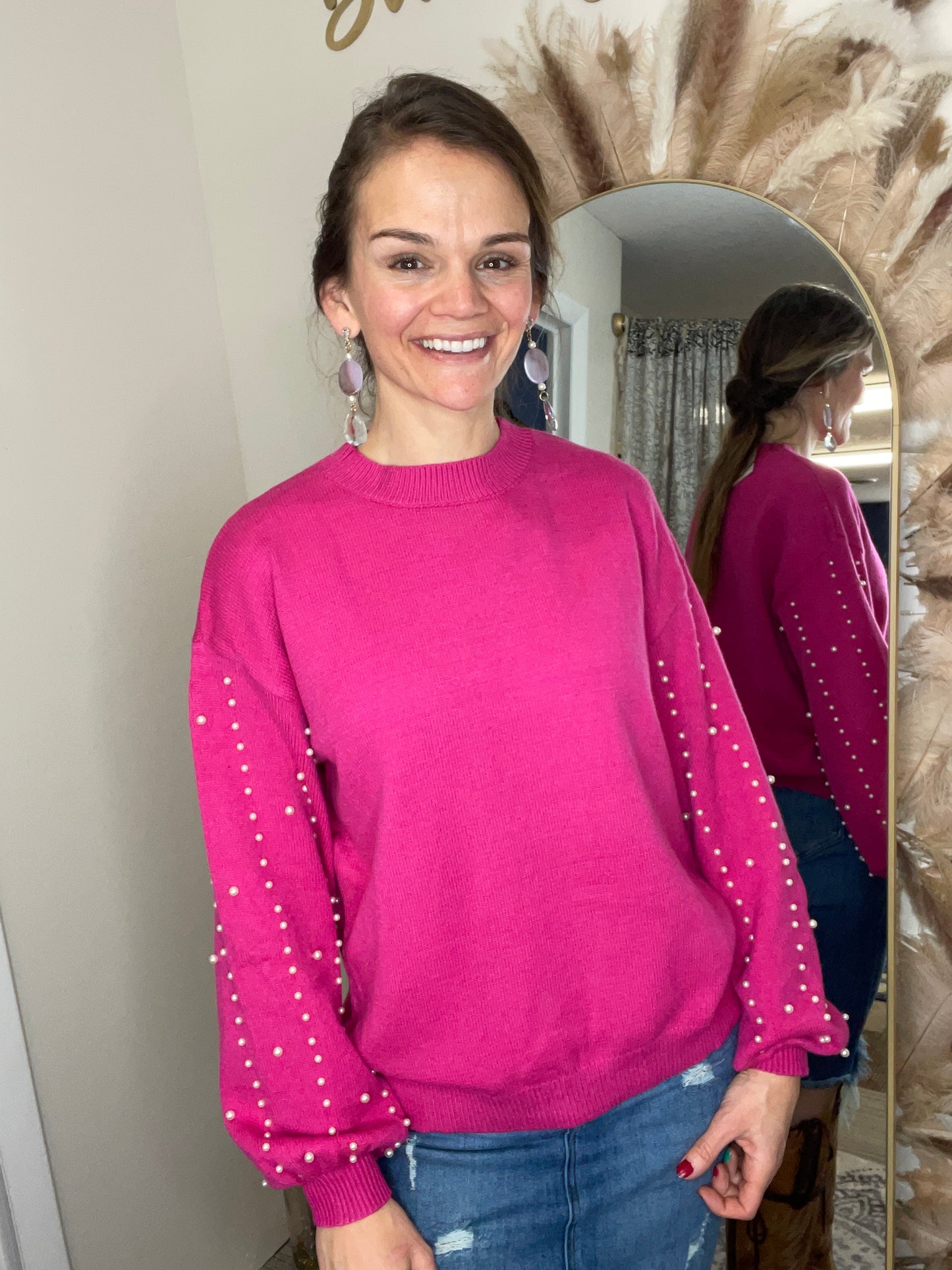 Pearl Sleeve Sweater- FUCHSIA