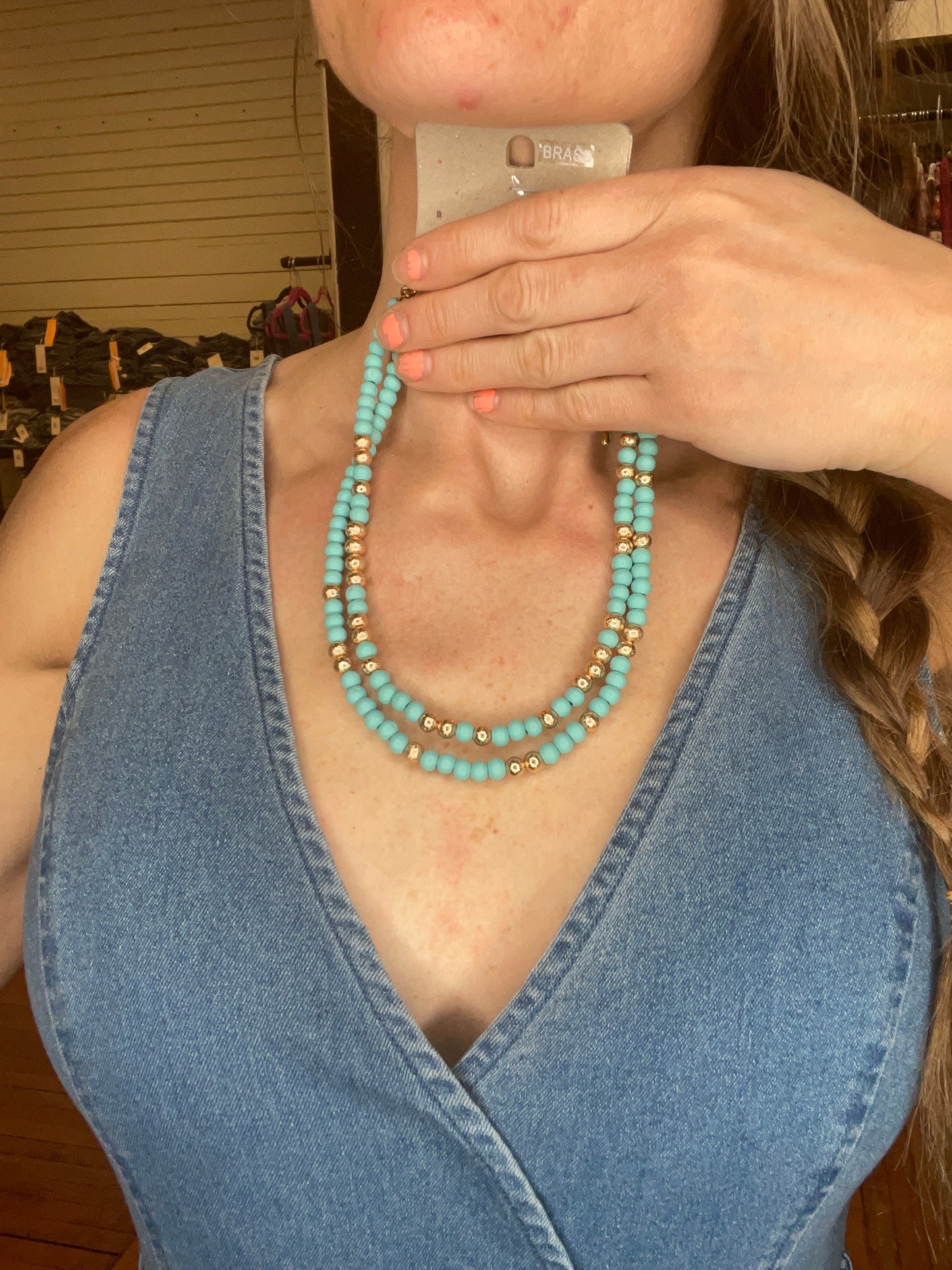 TEAL AND GOLD BEADED TWO LAYER NECKLACE