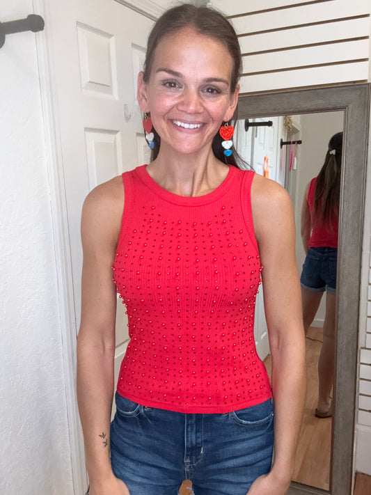 CLAUDIA RHINESTONE AND PEARL SLEEVELESS TANK TOP - RED - WHITE BIRCH