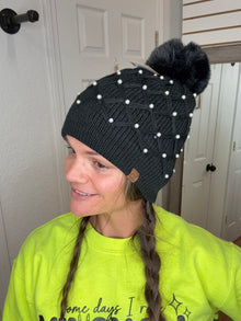 ALLOVER PEARL CROCHET POM BEANIE HAT- CC
